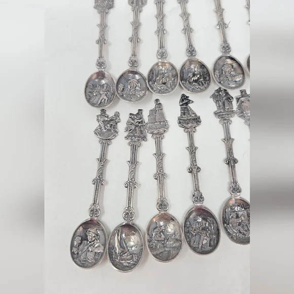 Vtg Holland Dutch demitasse mini spoons stamped novelty ornate figural set of 12 - Picture 4 of 10